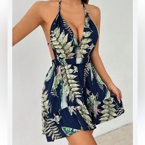 Tropical Halter Navy Ruffle, Backless Mini Dress